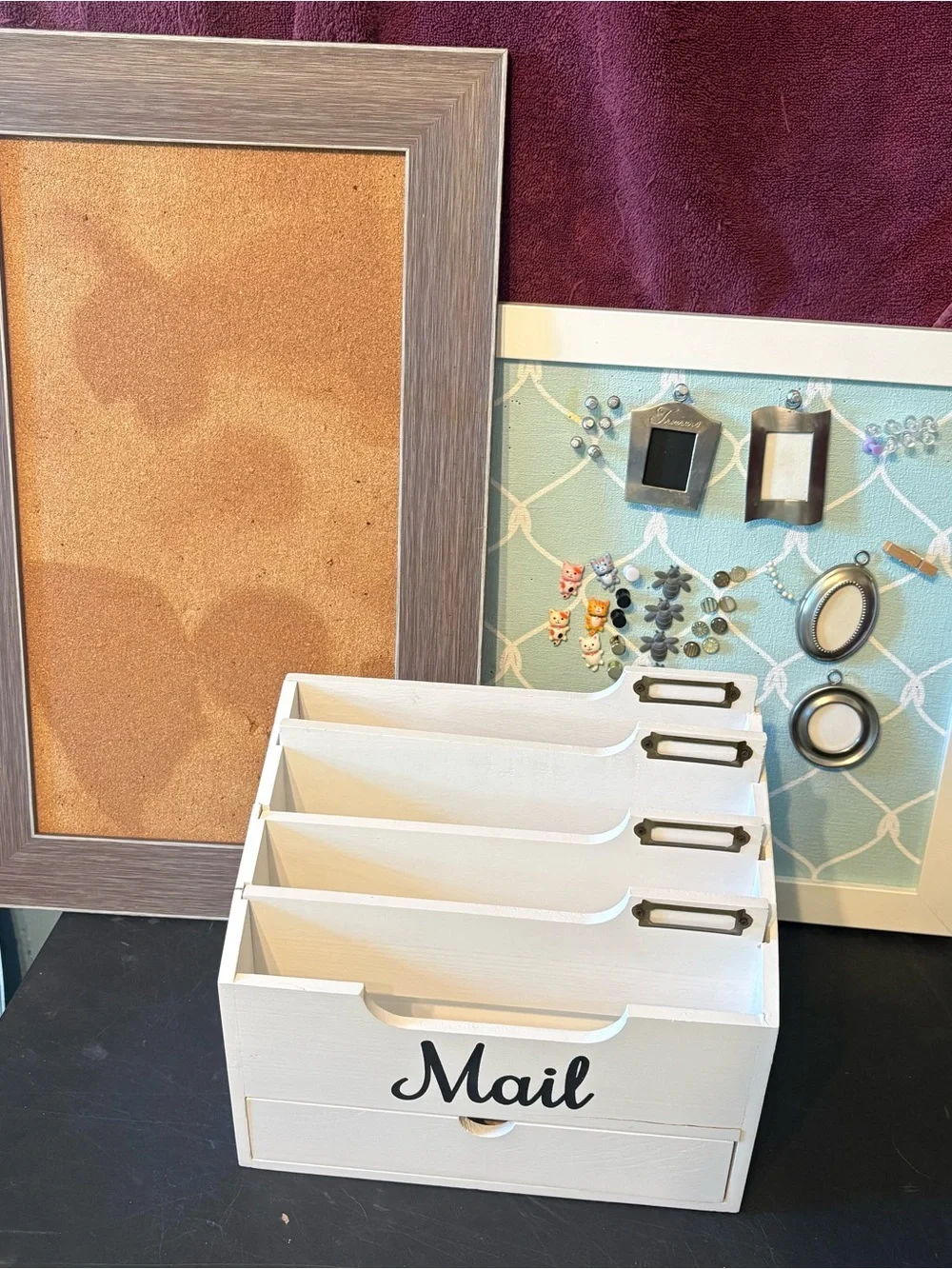 White wooden rustic mail organizer w/2 cork boards random push pins bundle